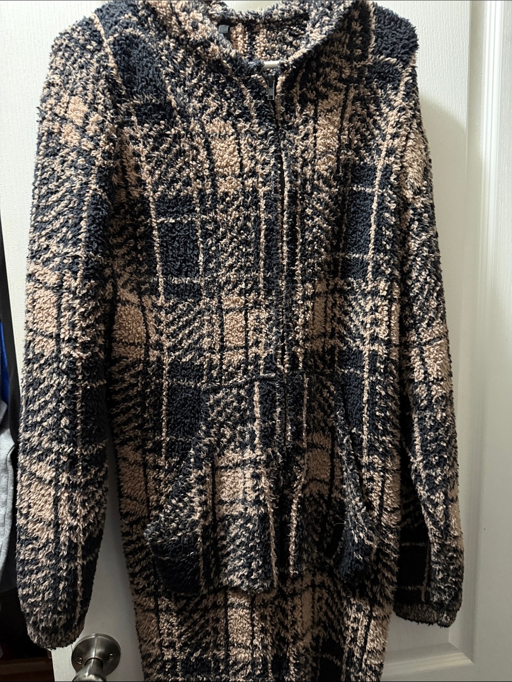 Cozy Plaid Zip-Up Sherpa Jumpsuit in Black and Tan